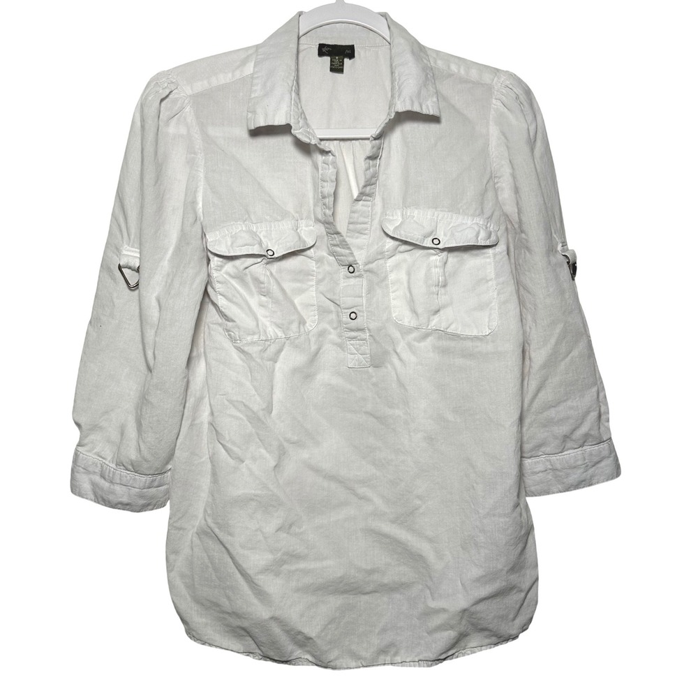 FLAW Fei Women White Linen Blend Roll Tab Sleeve Button Down‎ Shirt Size 8